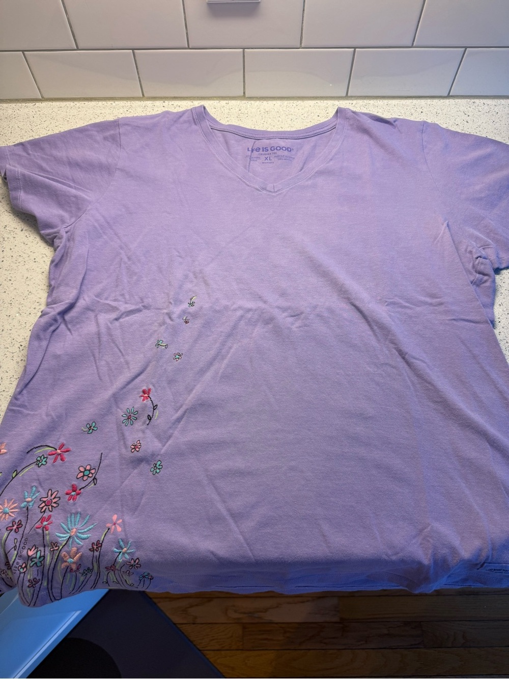 Life Is Good Lavender V-Neck Tee with Floral Embroidery Accents